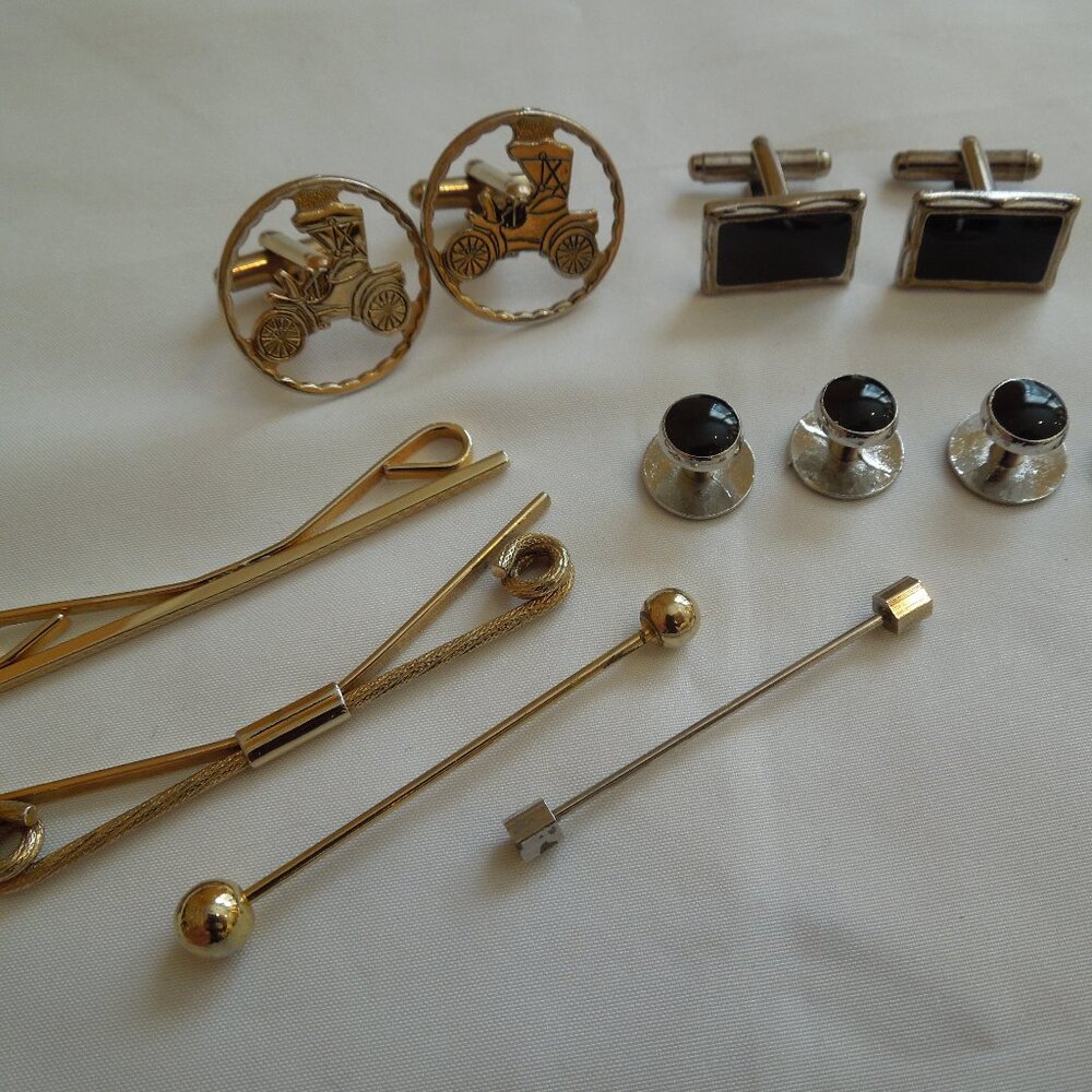 Vintage Men's Jewelry Lot - Tuxedo Stud Set, Cufflinks, Tie Bars, Collar Pins